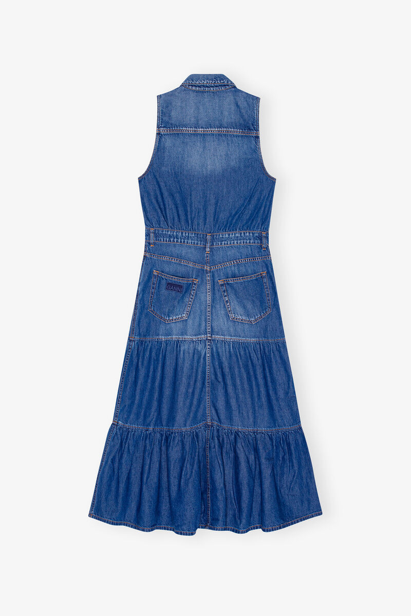 Blue Denim Long Dress, Organic Cotton, in colour Mid Blue Vintage - 2 - GANNI