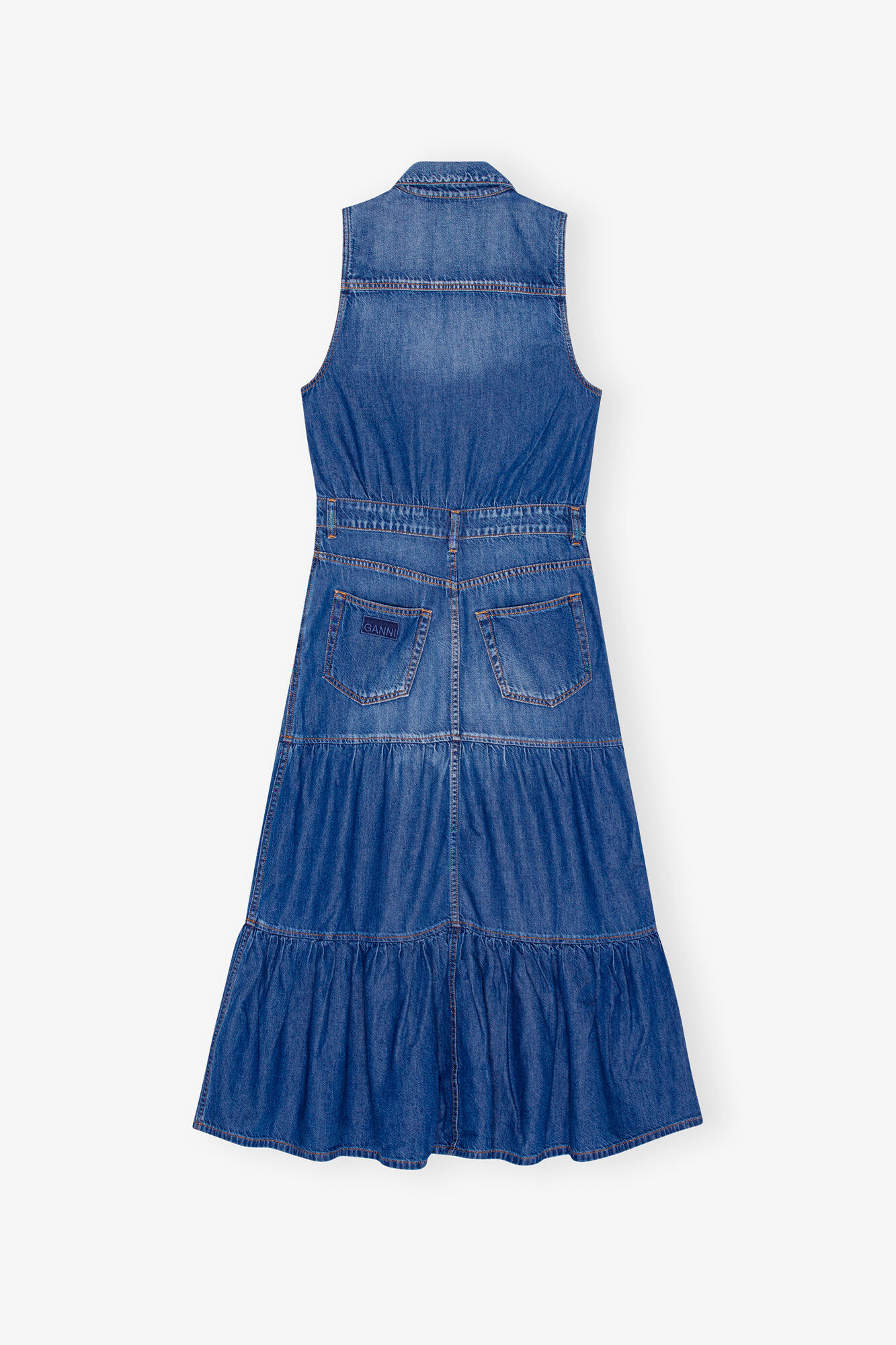 Blue Denim Long Dress, Organic Cotton, in colour Mid Blue Vintage - 2 - GANNI