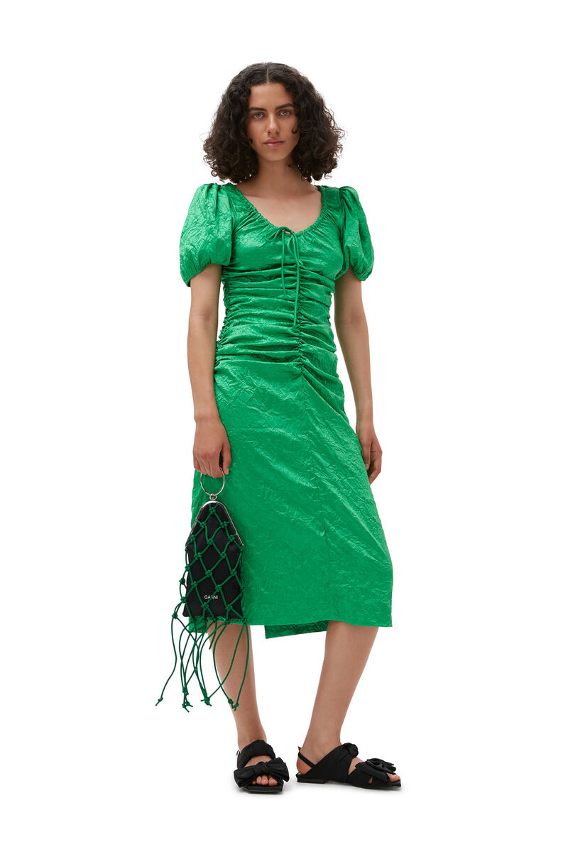 Green Crinkled Satin Midi Dress, Elastane, in colour Bright Green - 4 - GANNI