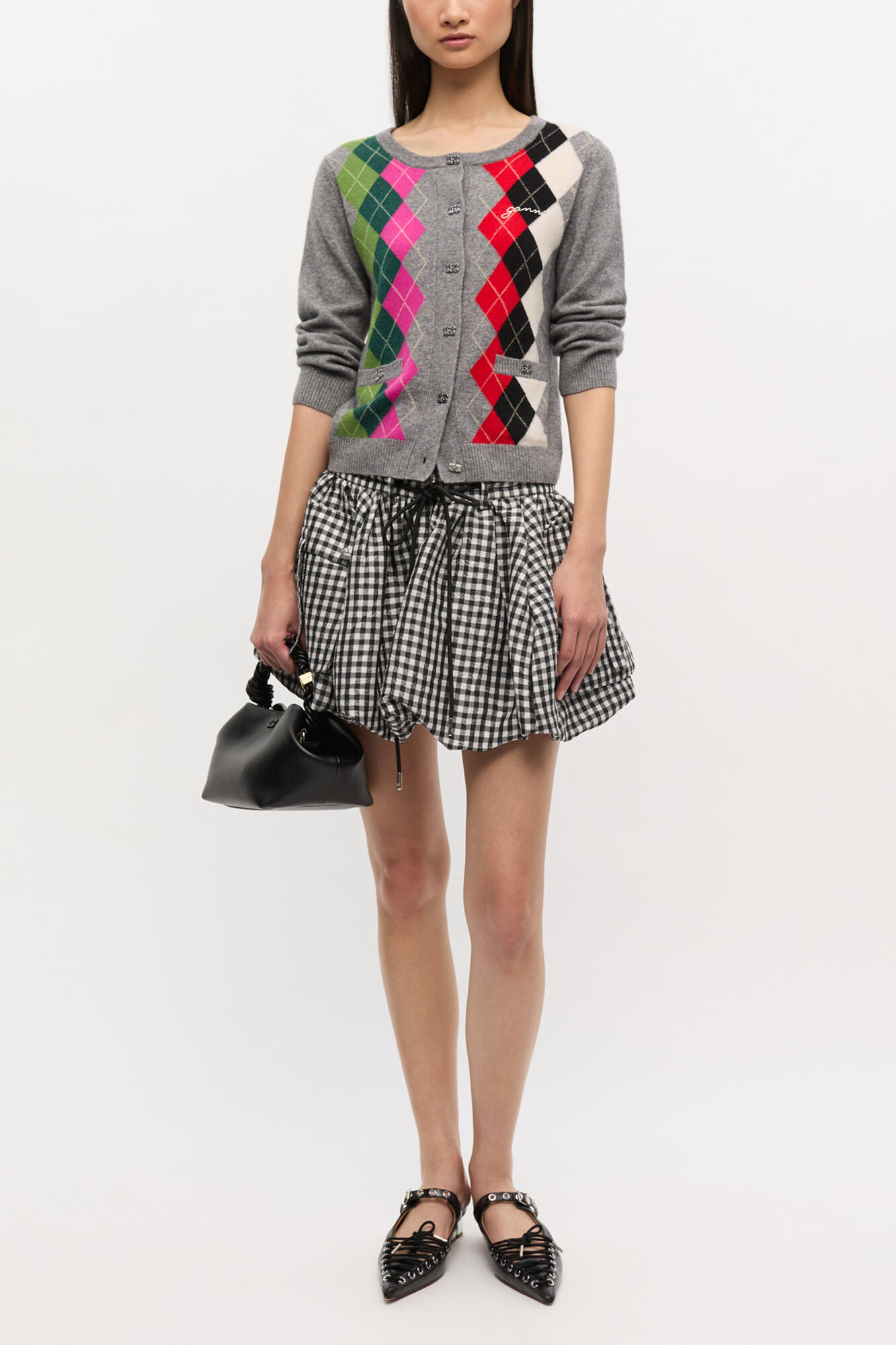 Grey Check Cardigan, Merino Wool, in colour Paloma Melange - 2 - GANNI