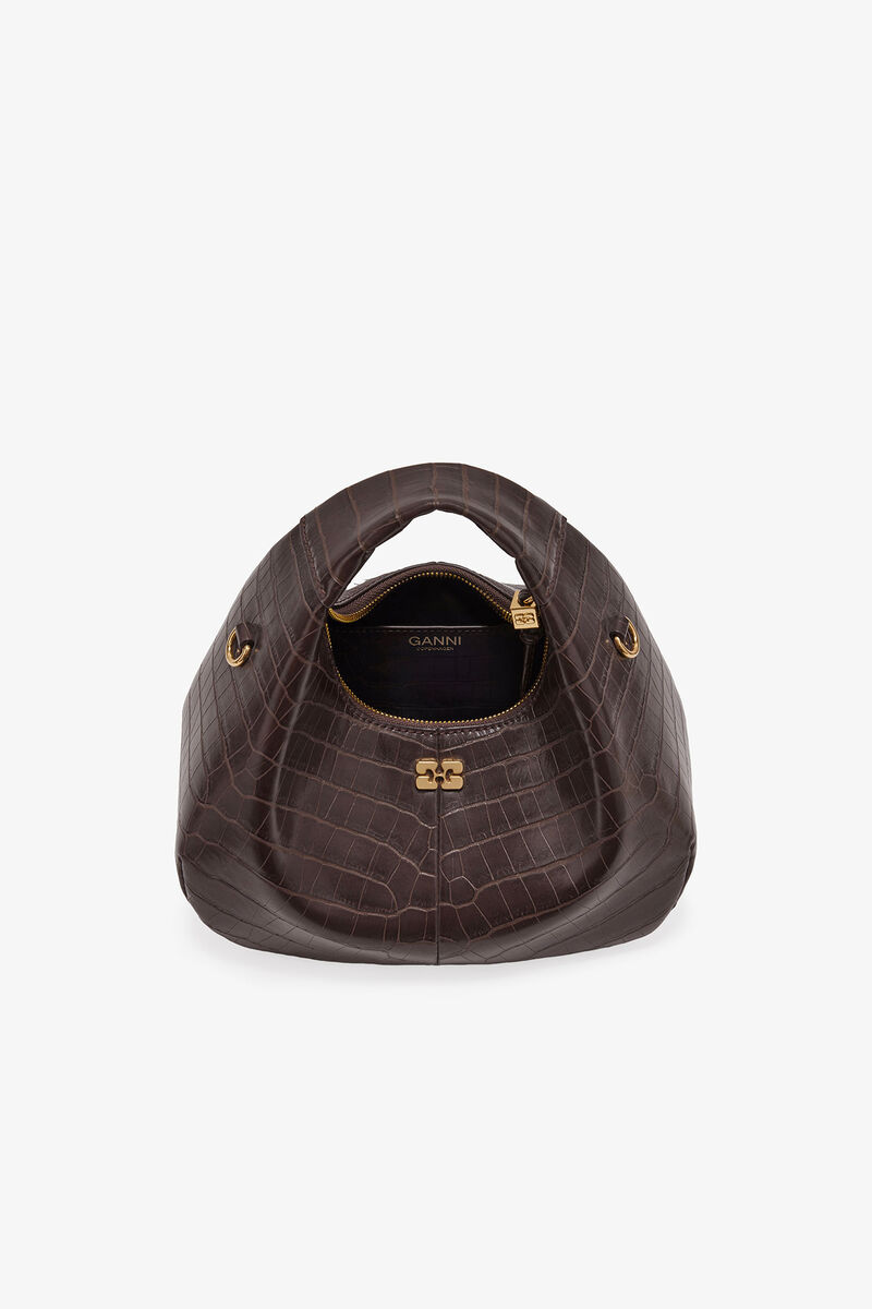 Brown Croco Mini Hobo Bag, Lyocell, in colour Chocolate Fondant - 9 - GANNI