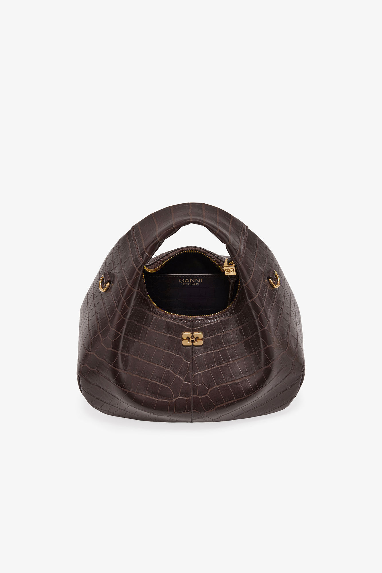 Brown Croco Mini Hobo Bag, Lyocell, in colour Chocolate Fondant - 9 - GANNI
