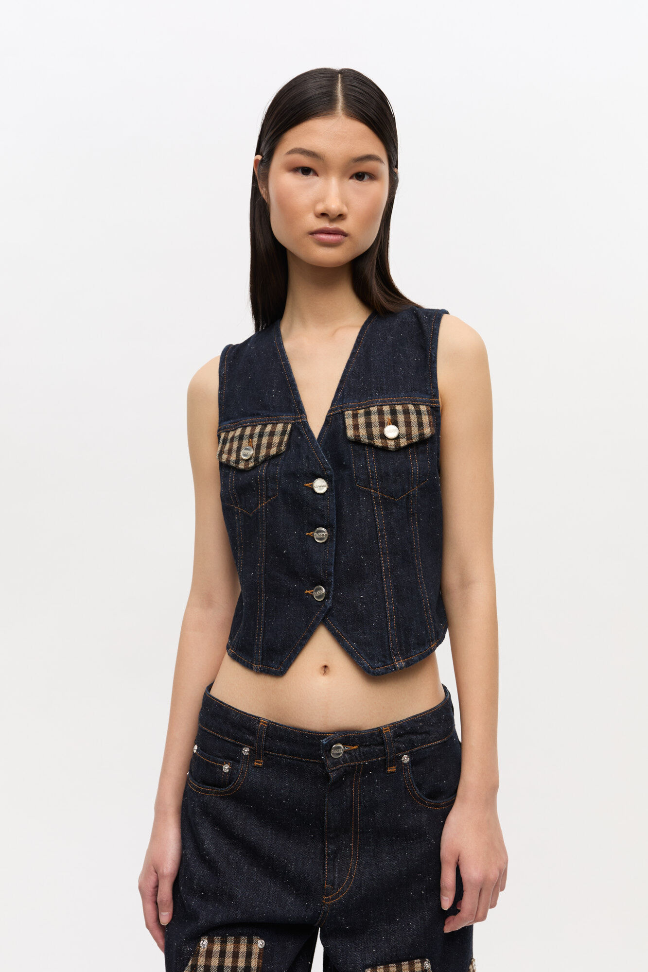 Neppy Denim Vest, Cotton, in colour Dark Blue Stone - 1 - GANNI