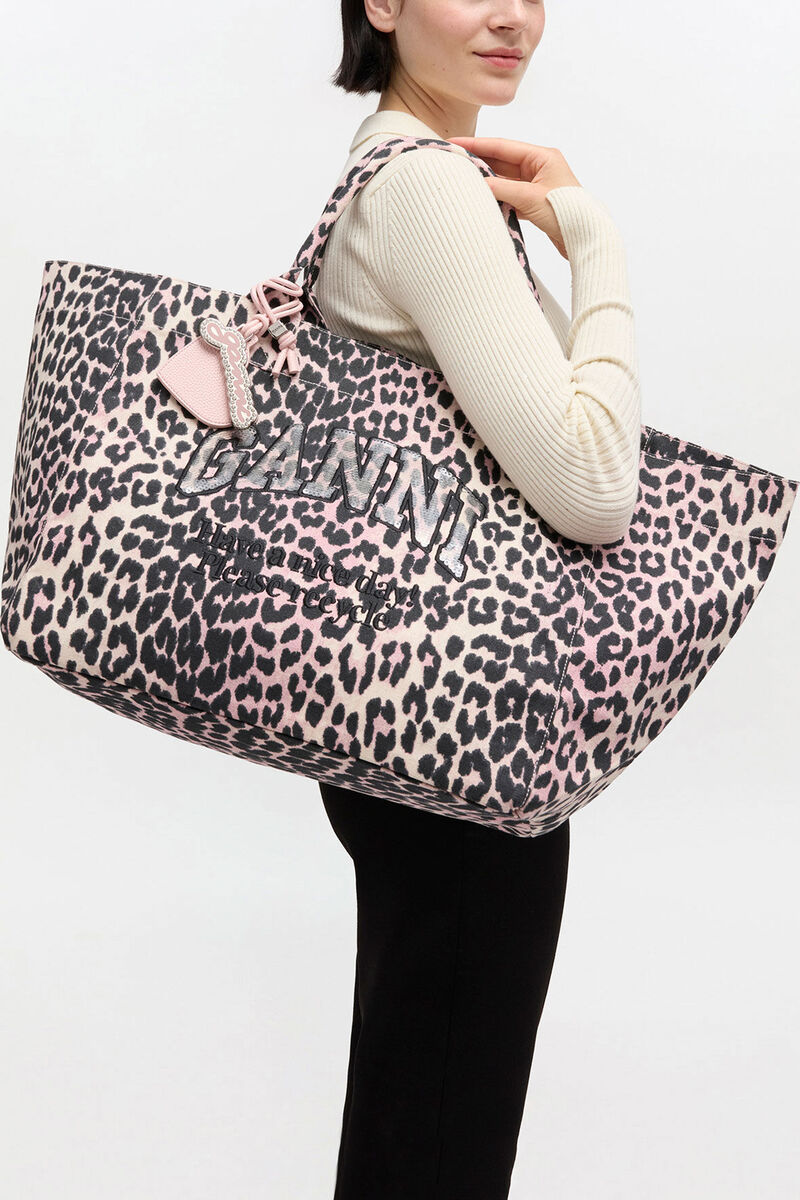 レオパード スパンコールのXXLトート, Recycled Cotton, in colour Bleached Mauve - 1 - GANNI