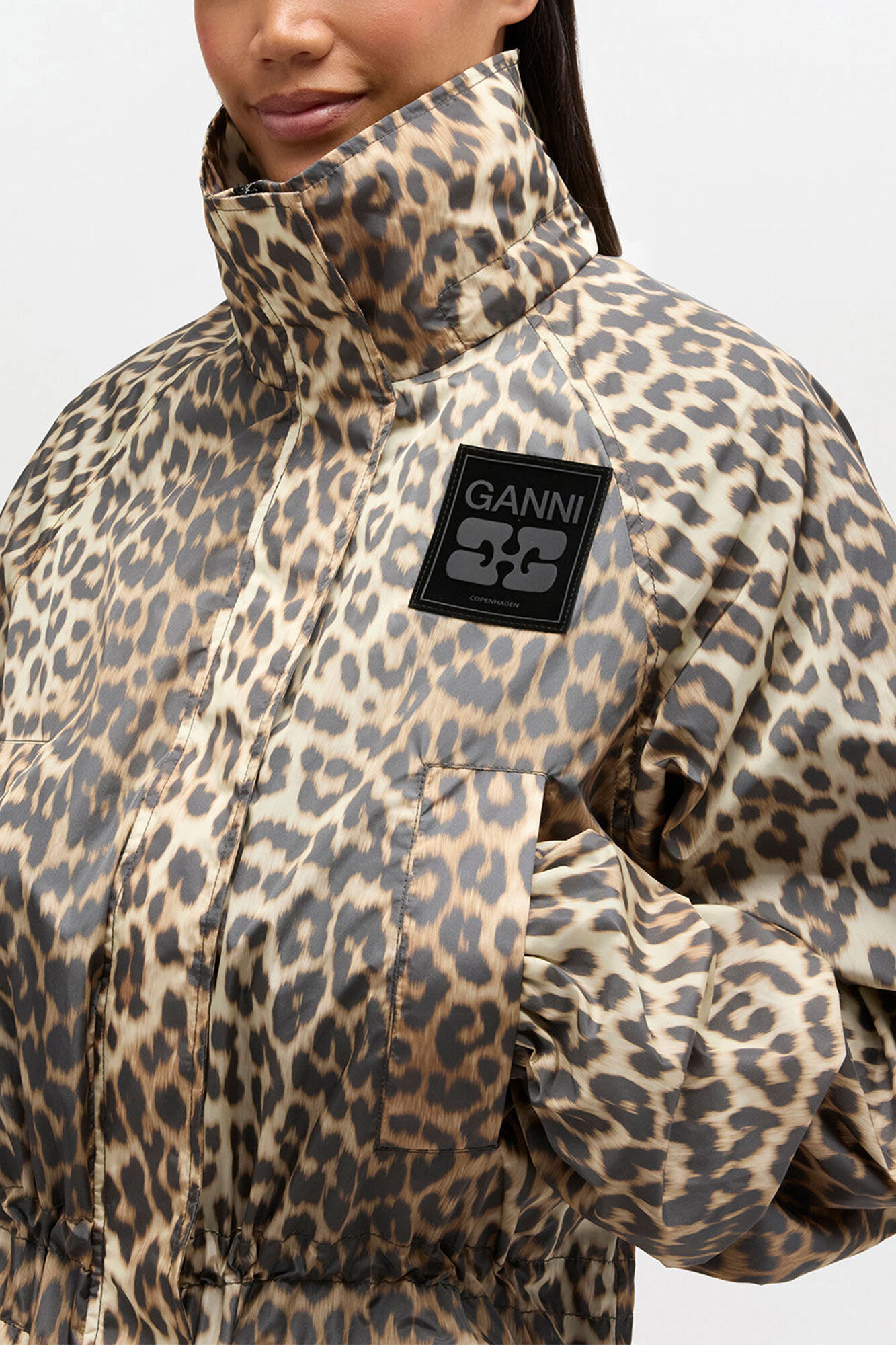 Leopard Nylon Parka Coat, Recycled Polyamide, in colour Almond Milk - 3 - GANNI