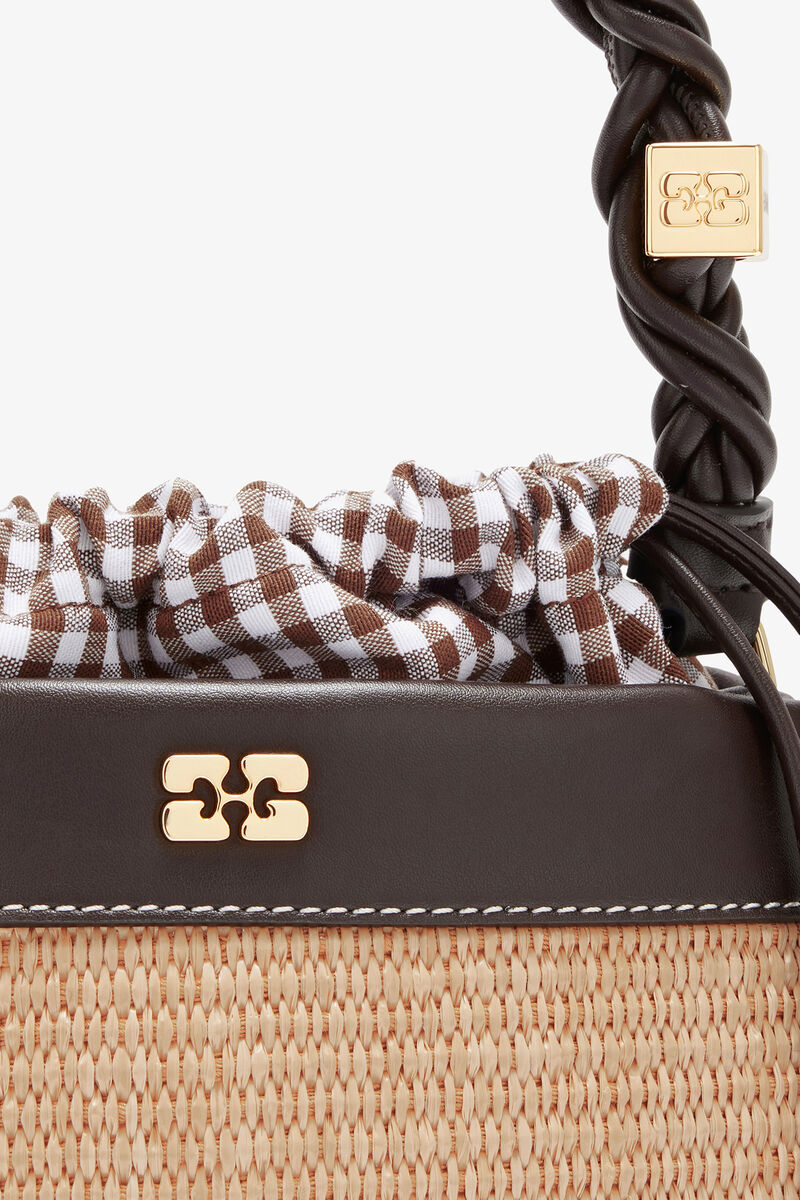 Bou Bucket Bag in Raffia, Recycled Leather, in colour Seal Brown - 3 - GANNI