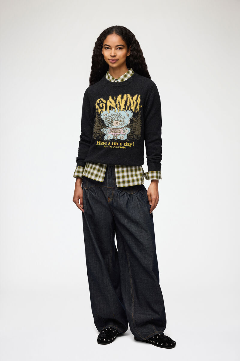 Jumper with Forest Teddy, Wool, in colour Phantom - 2 - GANNI
