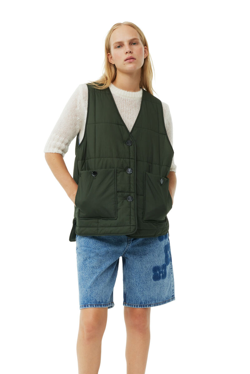 Green Quilt Boxy Vest, Recycled Polyamide, in colour Kombu Green - 1 - GANNI