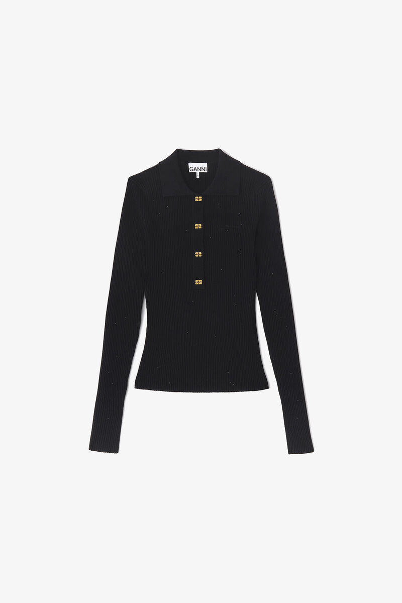 Fine Sequin Knitted Polo, Wool, in colour Black - 1 - GANNI