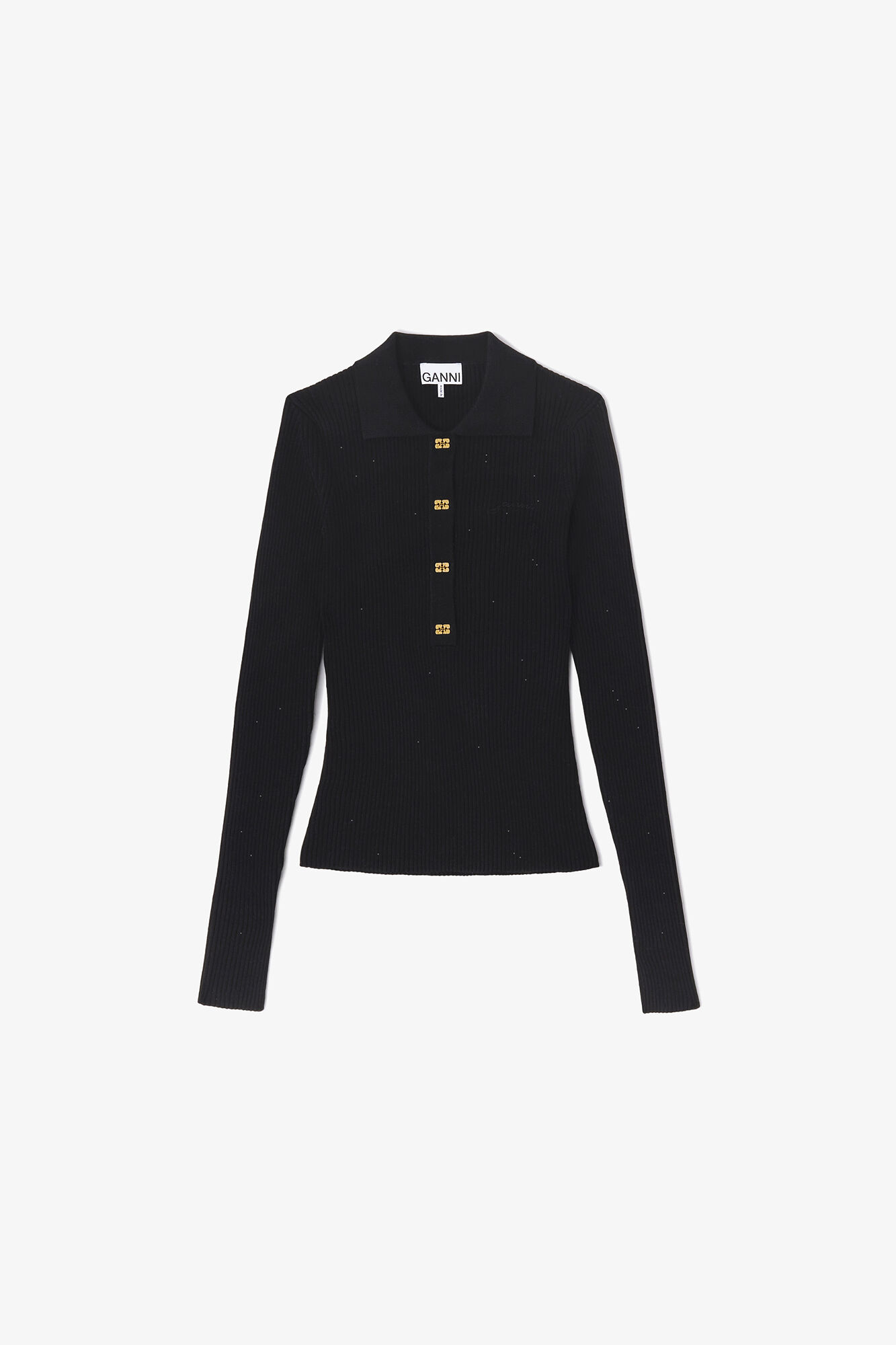 Fine Sequin Knitted Polo, Wool, in colour Black - 1 - GANNI