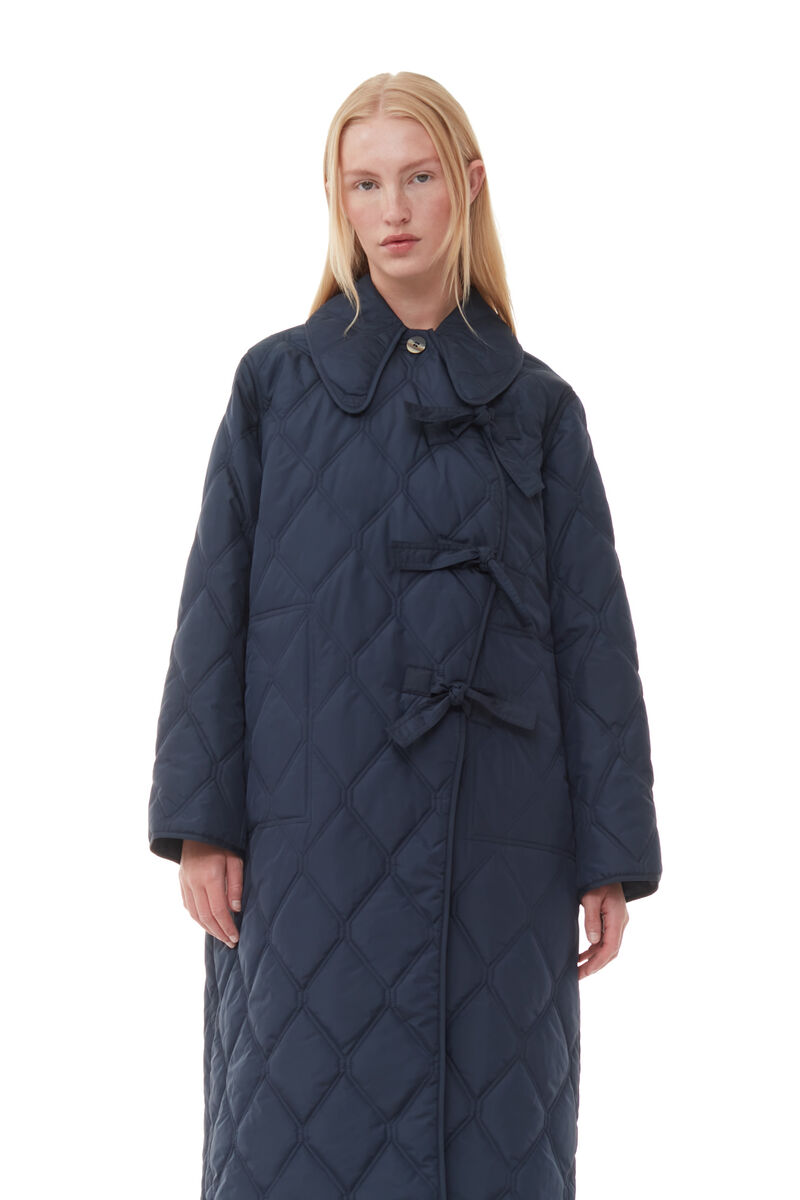 Blue Ripstop Quilt Asymmetric Coat, Recycled Polyester, in colour Sky Captain - 2 - GANNI
