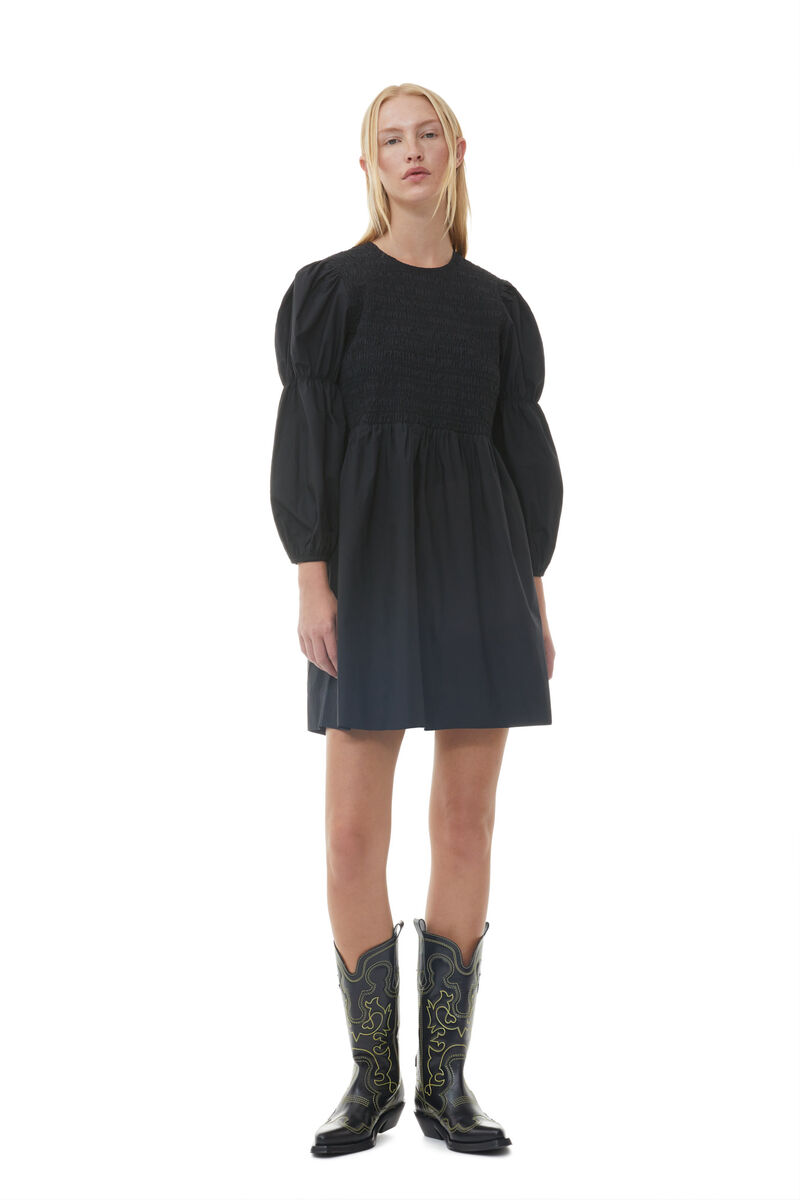 Robe courte smockée en popeline de coton noire, Cotton, in colour Black - 1 - GANNI