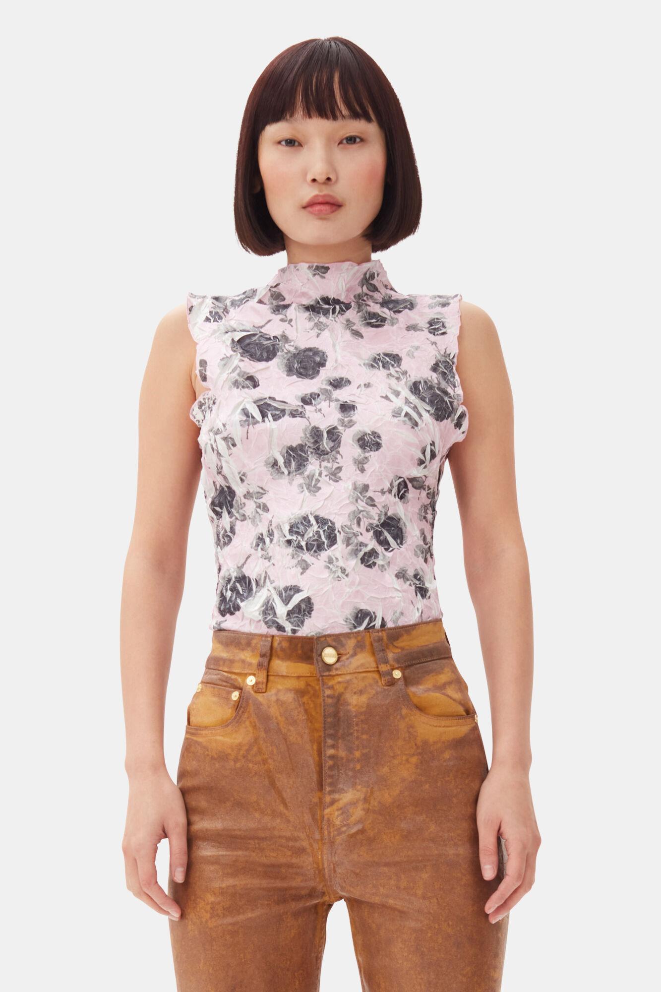 Pink Floral Printed Top, Recycled Polyester, in colour Corsage - 1 - GANNI