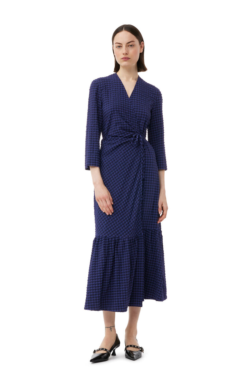 Blue Checkered Seersucker Gathered Midi Wrap Dress, Elastane, in colour Deep Cobalt - 1 - GANNI