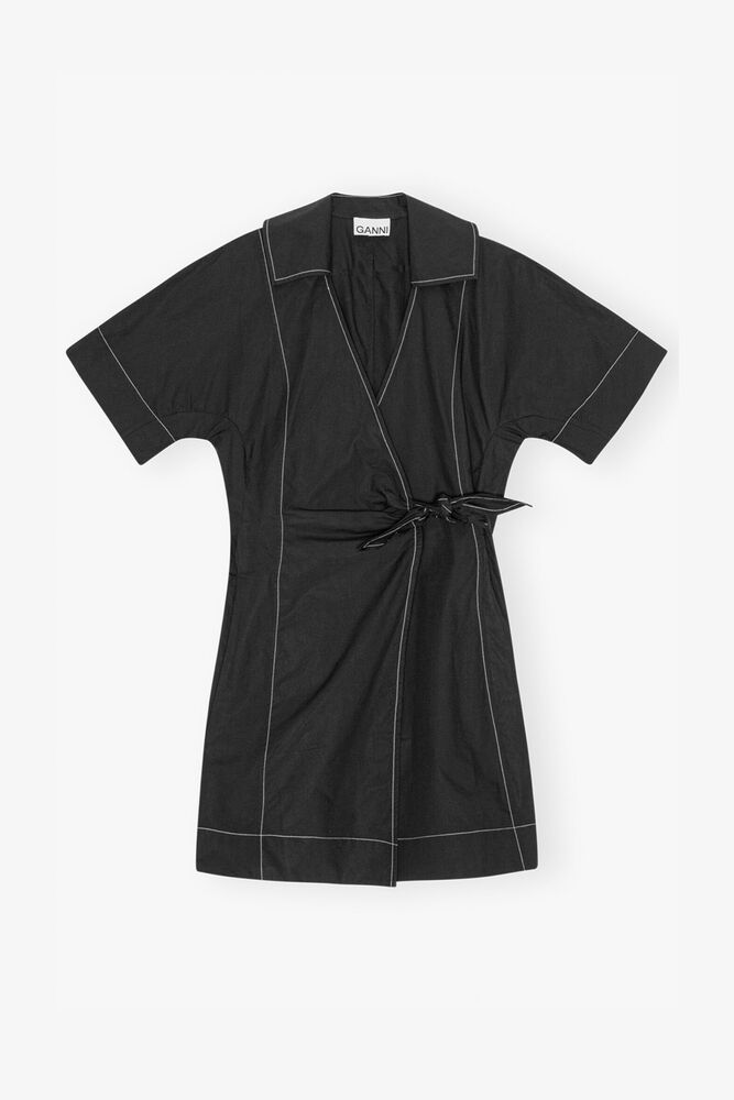 Black Cotton Poplin Wrap Mini Dress, Black