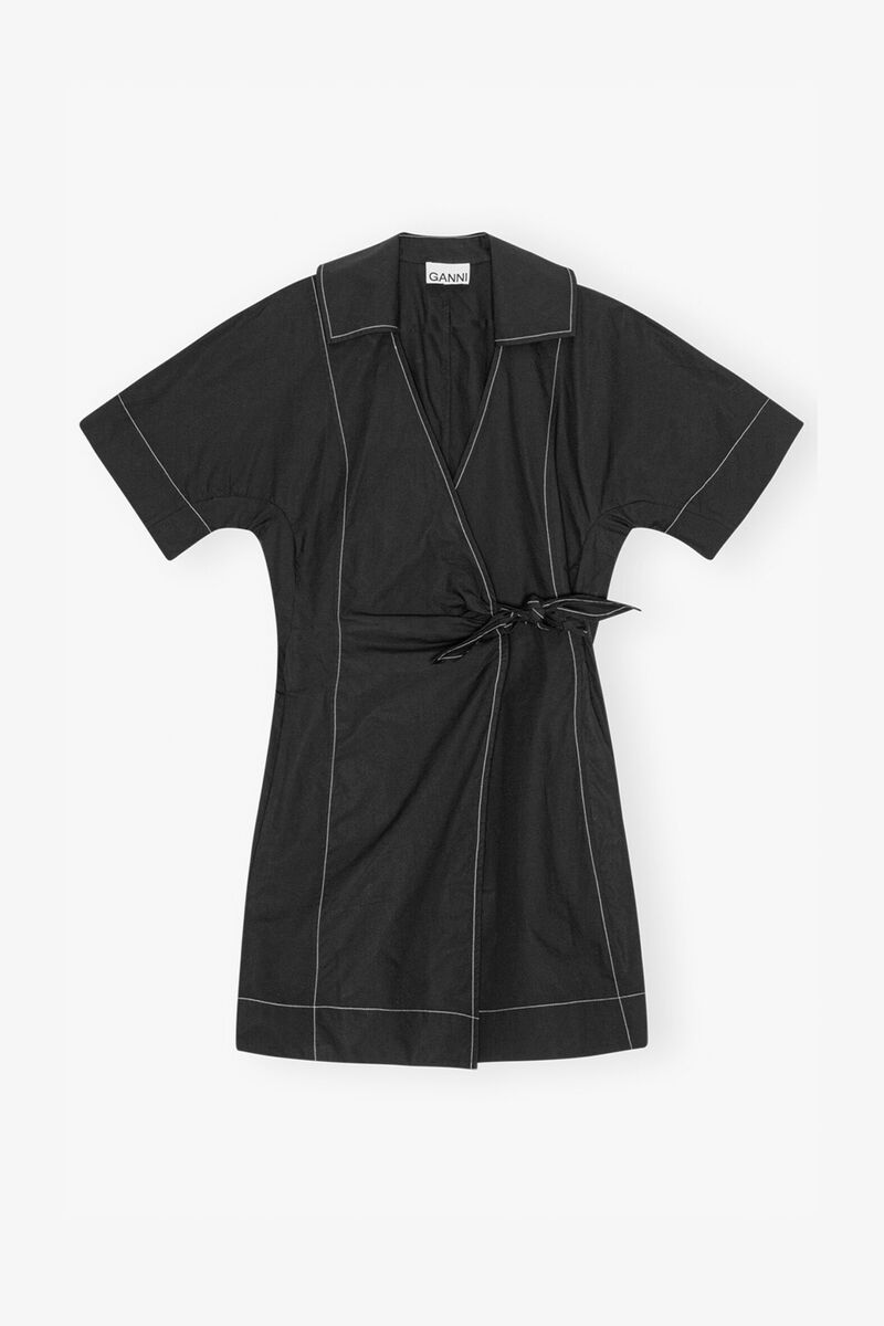 Black Cotton Poplin Wrap Mini Dress, Organic Cotton, in colour Black - 1 - GANNI