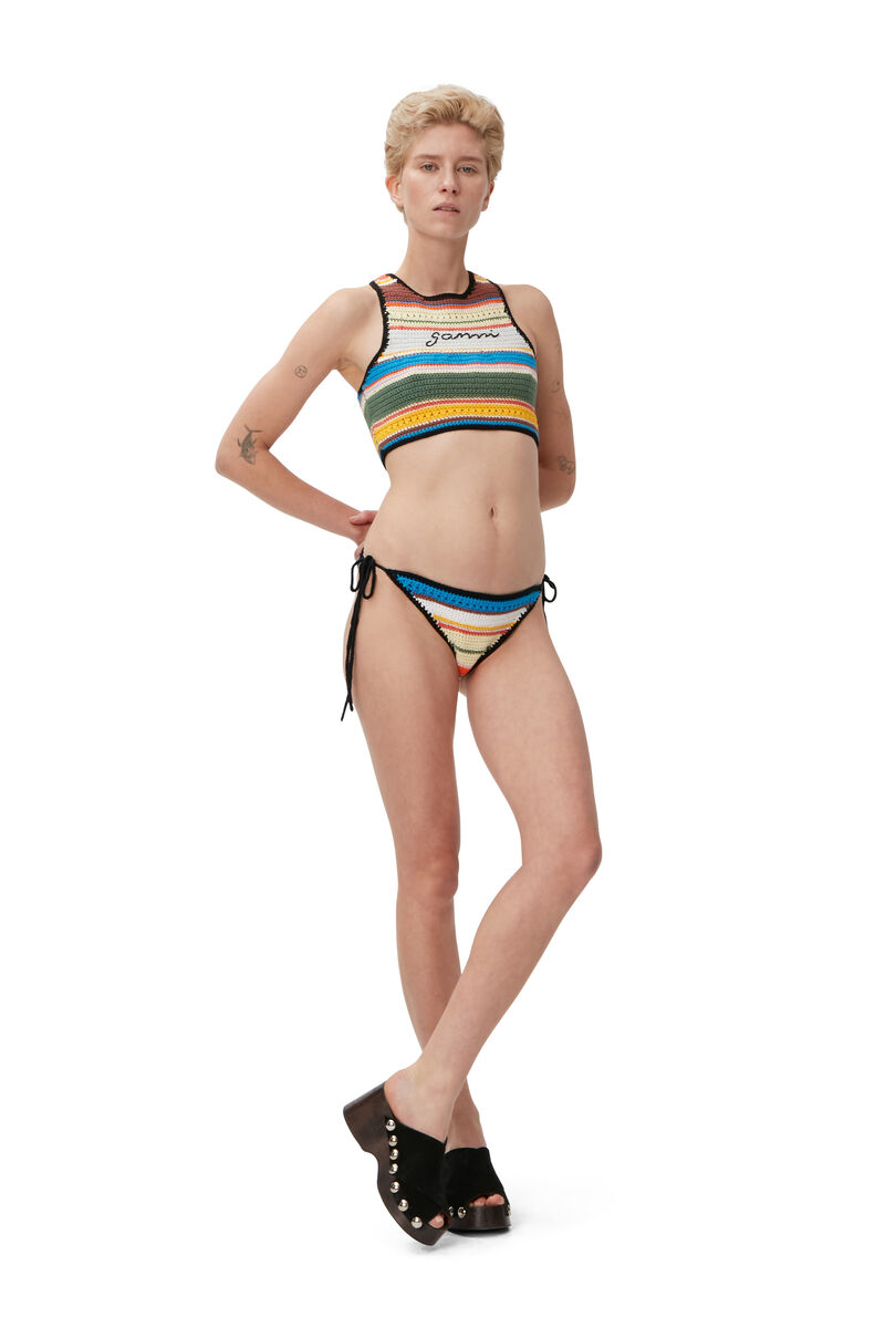 Crochet String Bikini Bottom, Cotton, in colour Beach Stripe Multi - 1 - GANNI