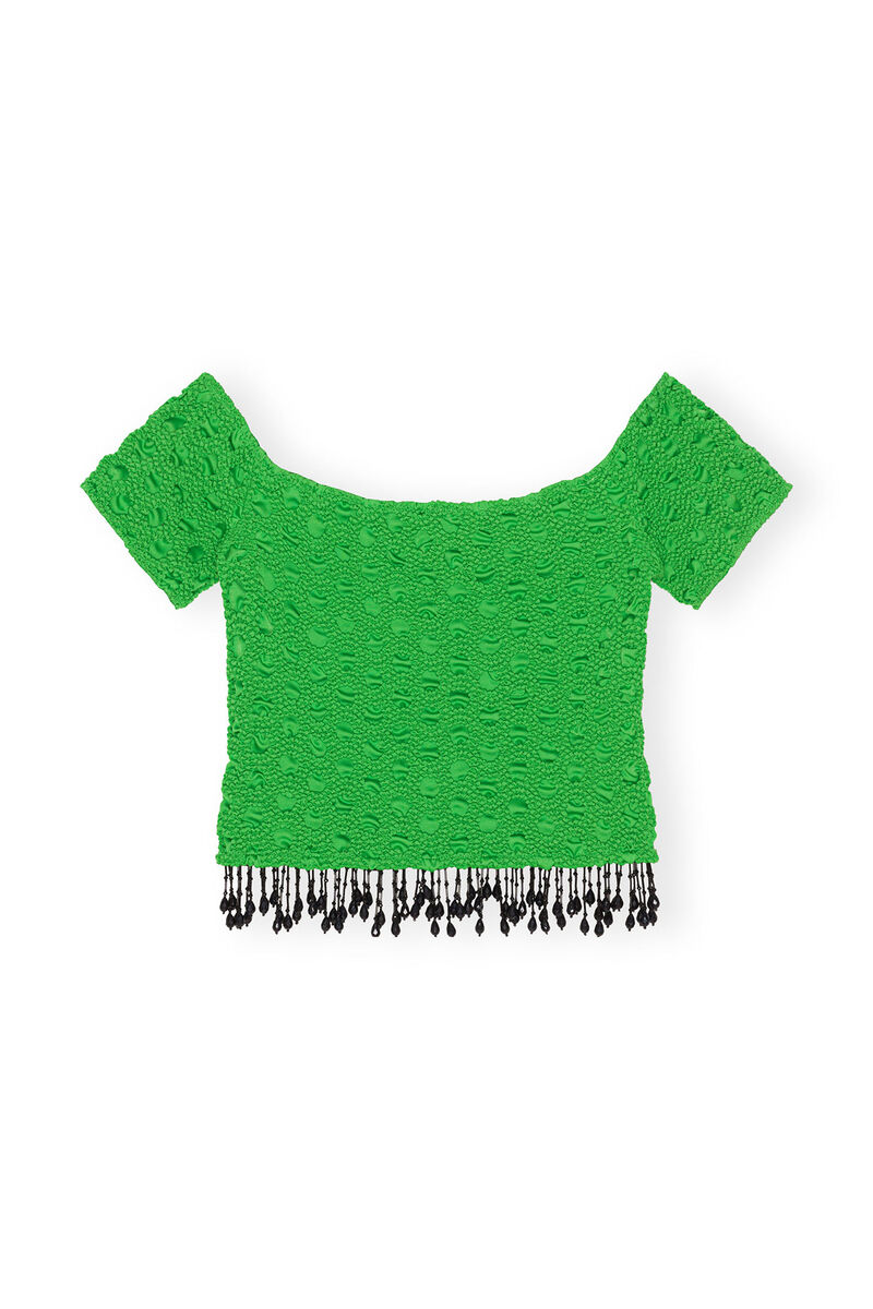 Smocked Satin Off Shoulder Top, Polyester, in colour Classic Green - 1 - GANNI