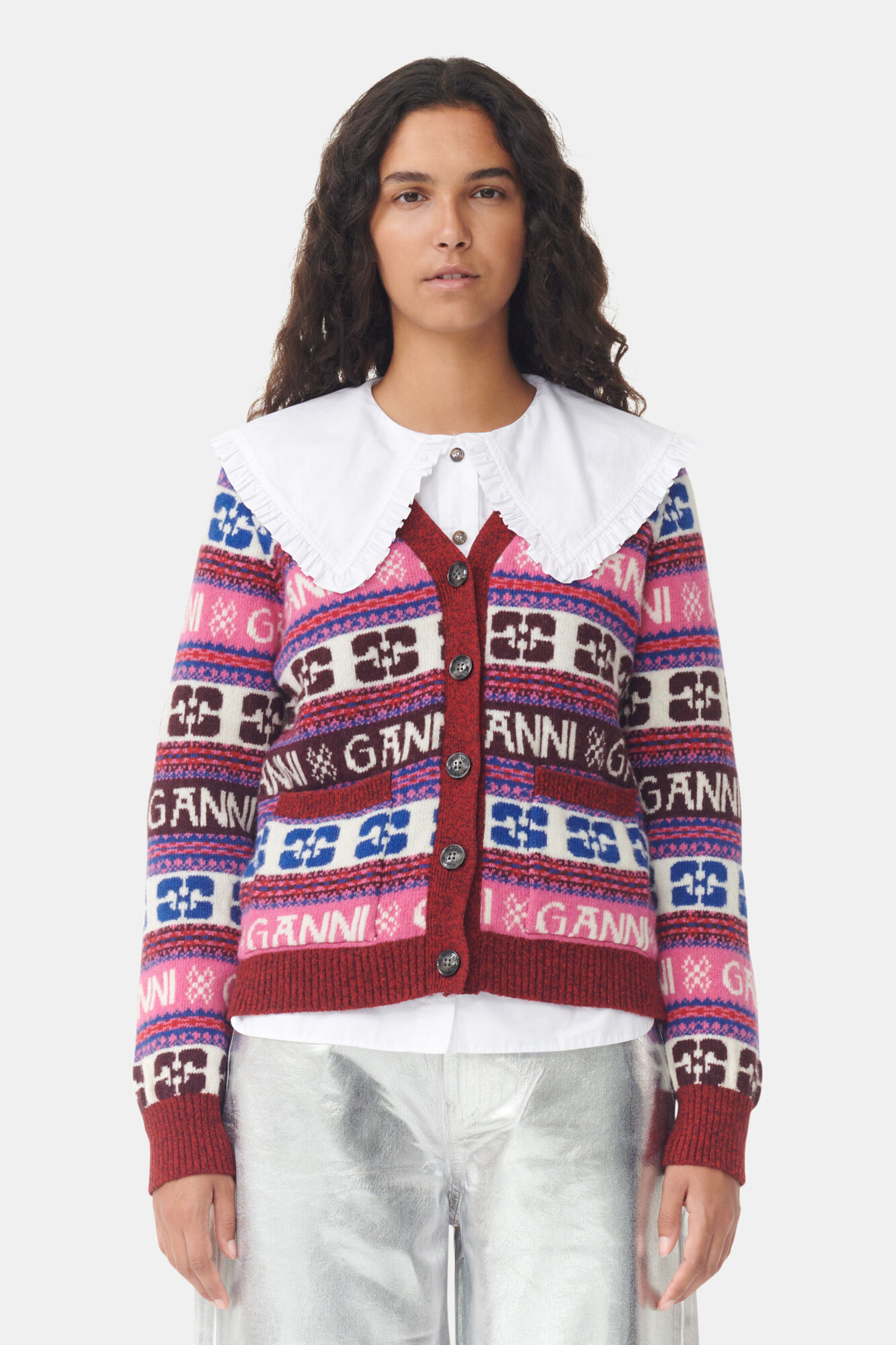 Pink Logo Wool Mix Cardigan, Recycled Polyamide, in colour Multicolour - 1 - GANNI