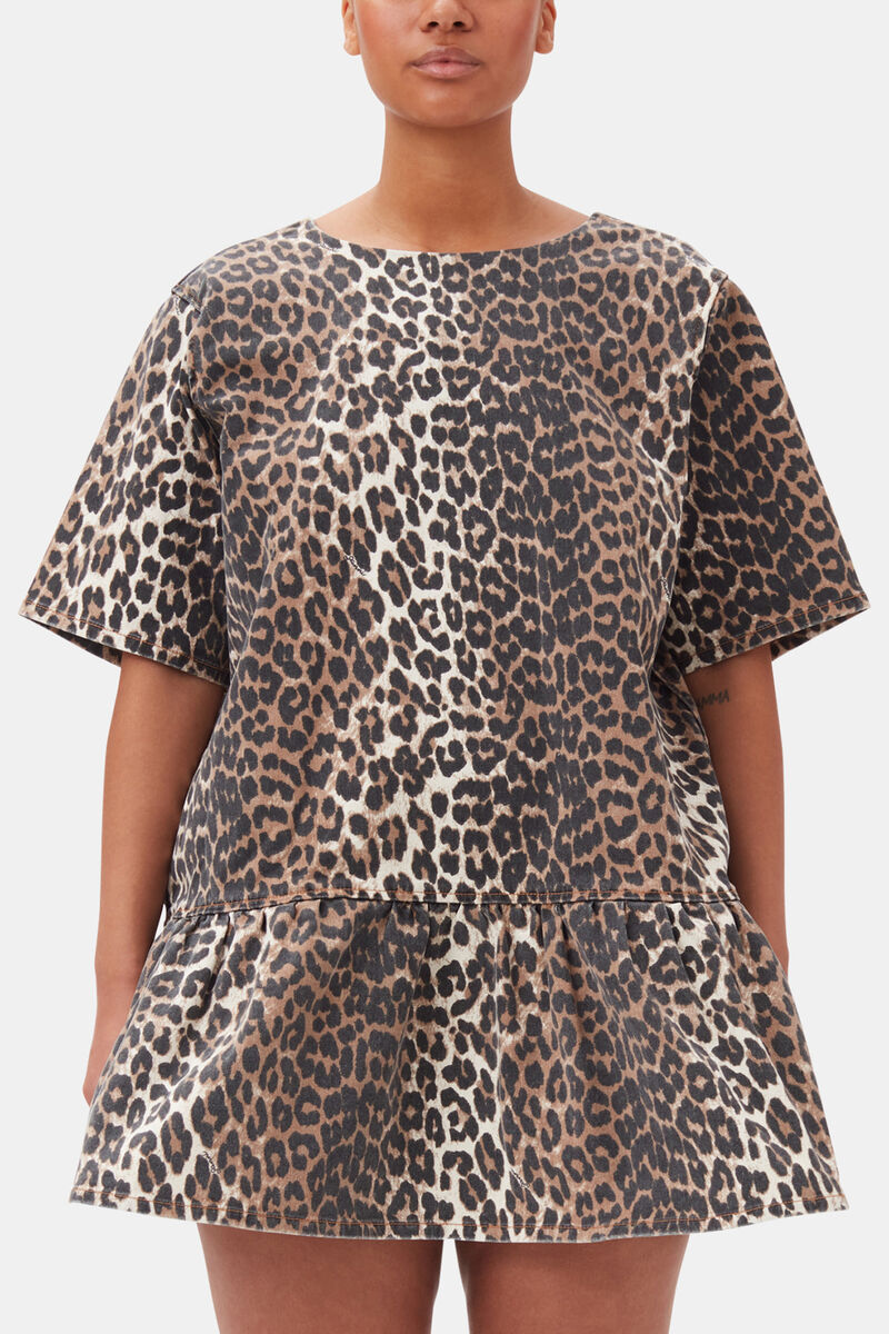 Leopard Open-back Mini Denim Dress, Organic Cotton, in colour Leopard - 6 - GANNI