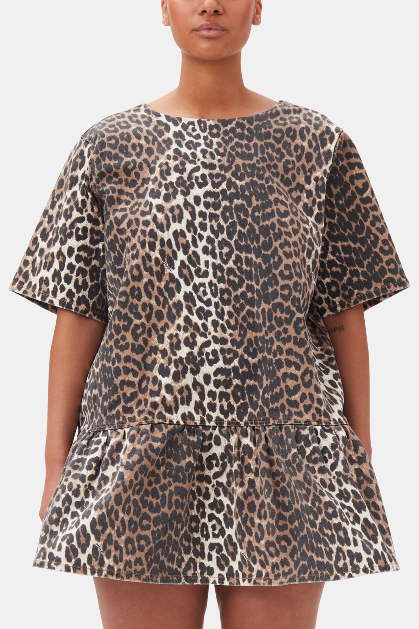 Leopard Open-back Mini Denim Dress, Organic Cotton, in colour Leopard - 6 - GANNI