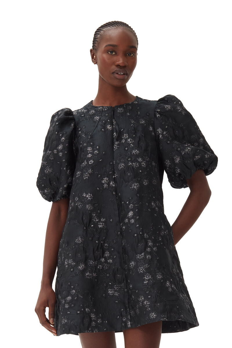 Black/Silver 3D Jacquard A-line Mini Dress, in colour Black - 2 - GANNI