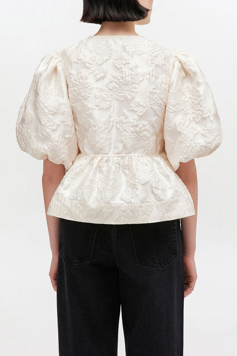 Satinbluse mit Peplum und Bindeband, Recycled Polyester, in colour Egret - 3 - GANNI