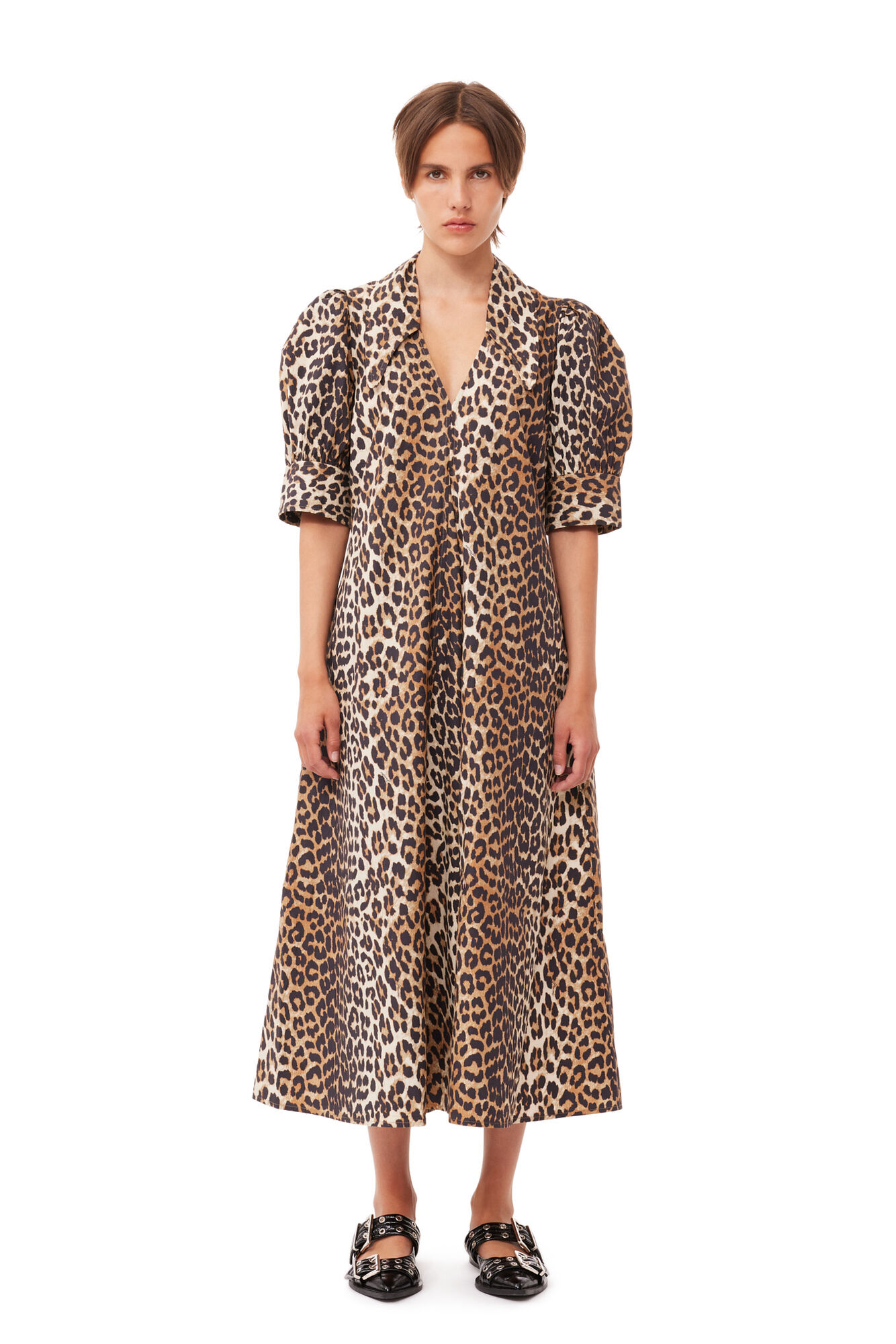 Ganni Leopard Cotton Poplin V-neck Maxi Dress