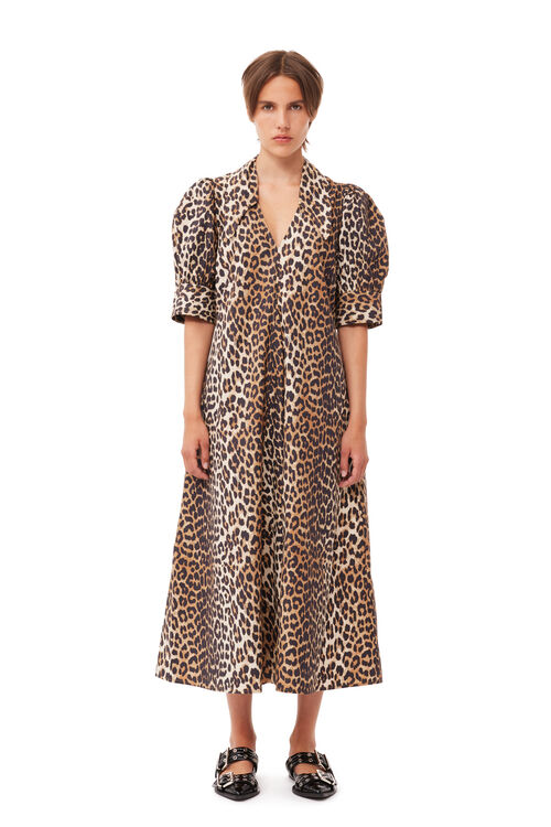 가니 GANNI Leopard Cotton Poplin V-neck Maxi Dress
