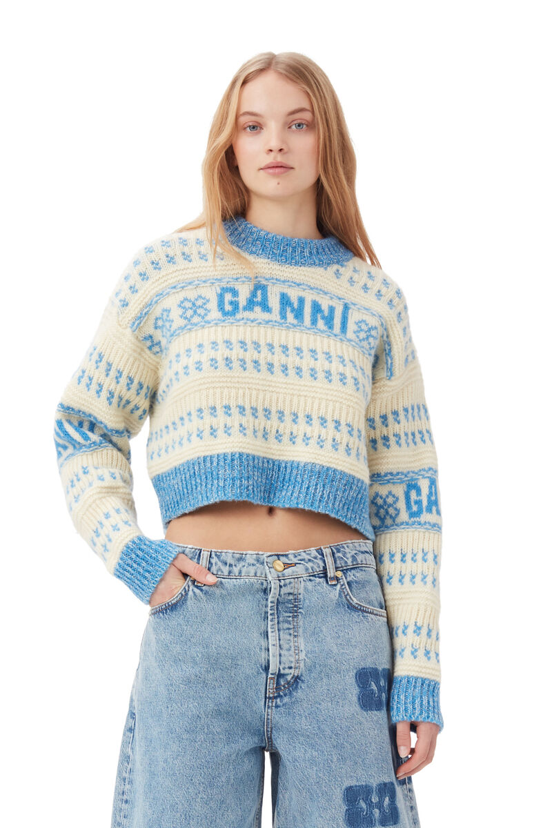 Blue Lambswool Cropped O-neck Pullover, Organic Wool, in colour Strong Blue - 1 - GANNI