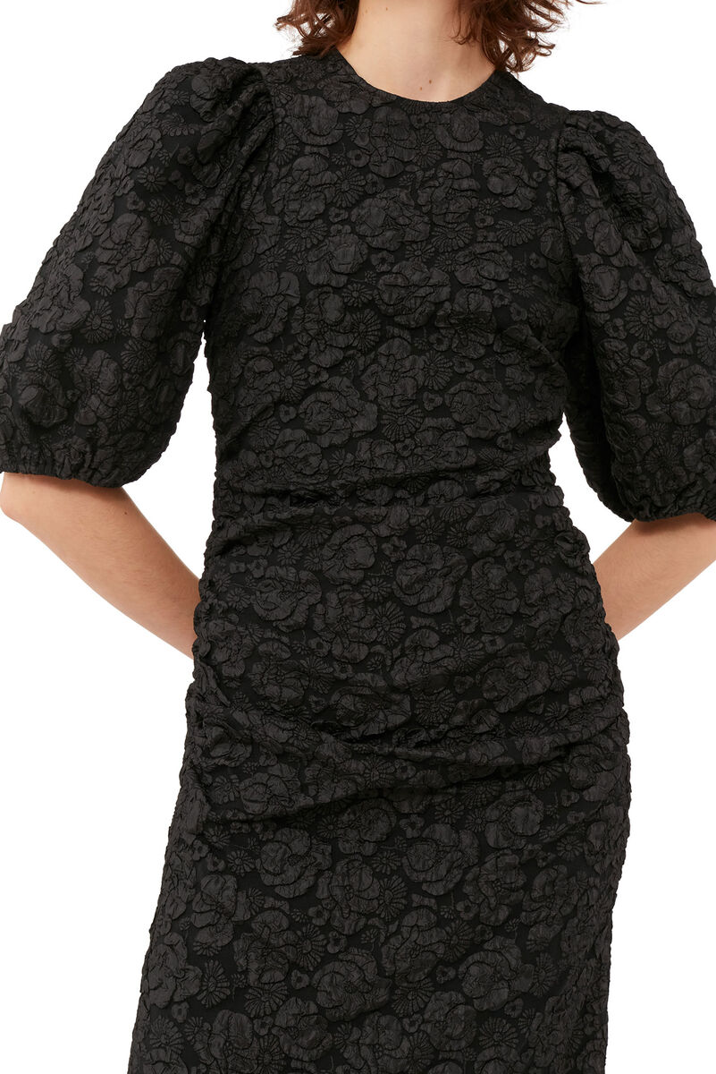 Black Jacquard Puff Sleeves Midi Dress, Polyester, in colour Black - 4 - GANNI