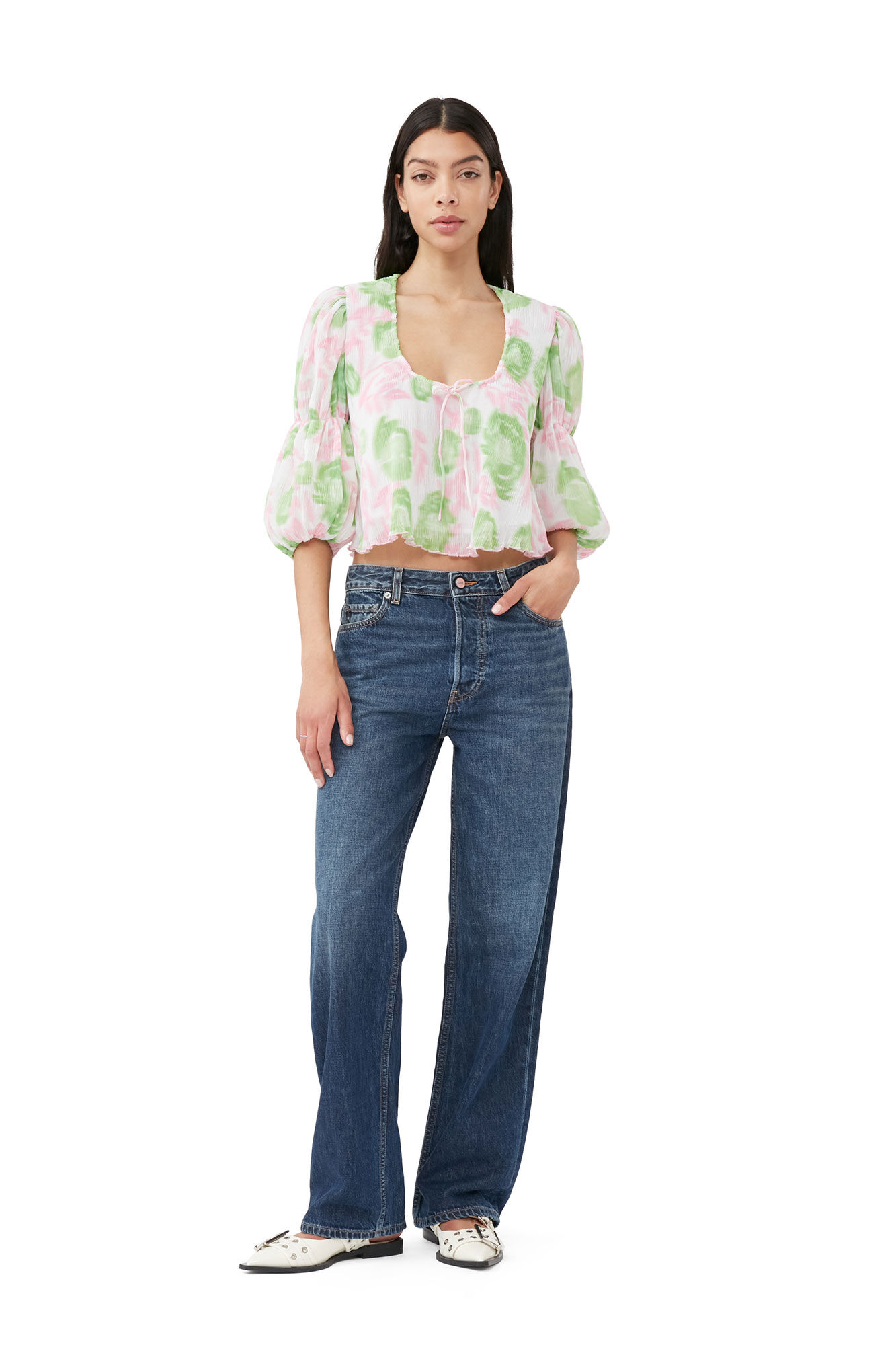 Pleated Georgette U-neck Blouse, Recycled Polyester, in colour Pink Tulle - 1 - GANNI