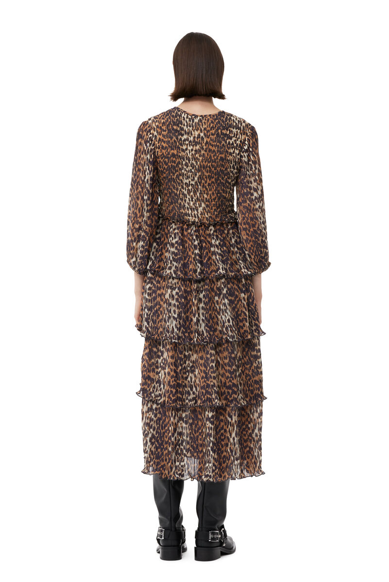 Leopard Pleated Georgette Flounce Smock Midi Dress, Recycled Polyester, in colour Almond Milk - 2 - GANNI