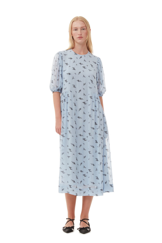 GANNI Printed Georgette Puff Sleeve Midi Dress,Brunnera Blue