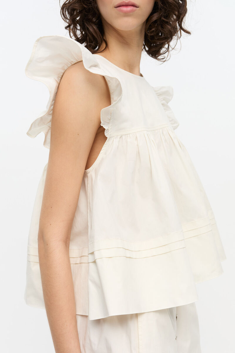White Stretch Cotton Frill Sleeve Top, Elastane, in colour Egret - 4 - GANNI