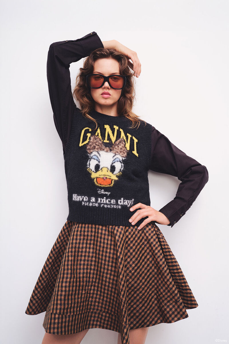 GANNI x Disney Daisy Duck Graphic Wool Vest, in colour Phantom - 1 - GANNI