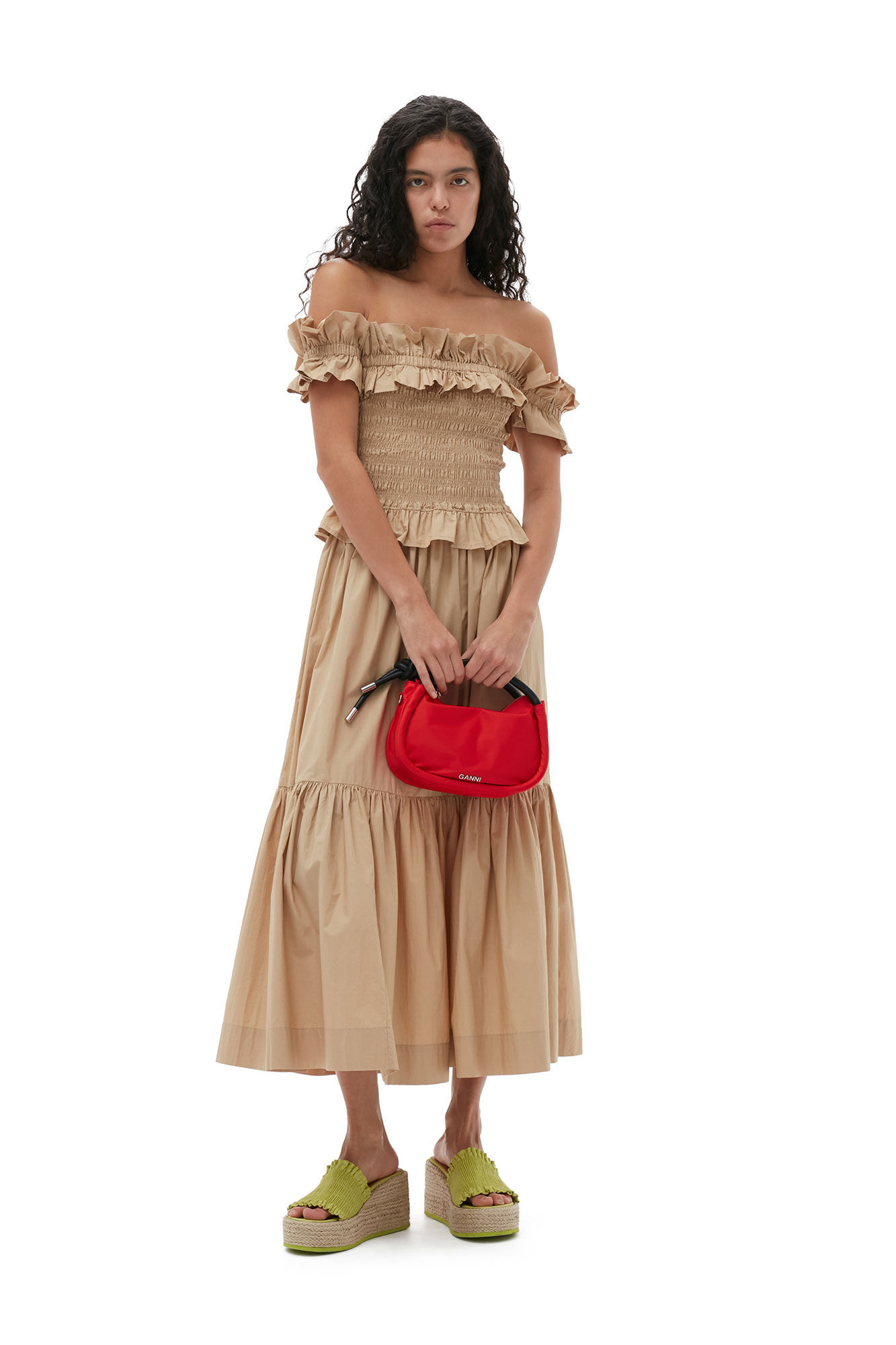 Cotton Poplin Off-Shoulder Smock Top, Cotton, in colour Curds and Whey - 2 - GANNI
