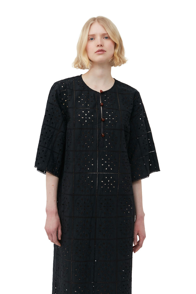 Broderie Anglaise T-shirt Dress, Cotton, in colour Black - 4 - GANNI