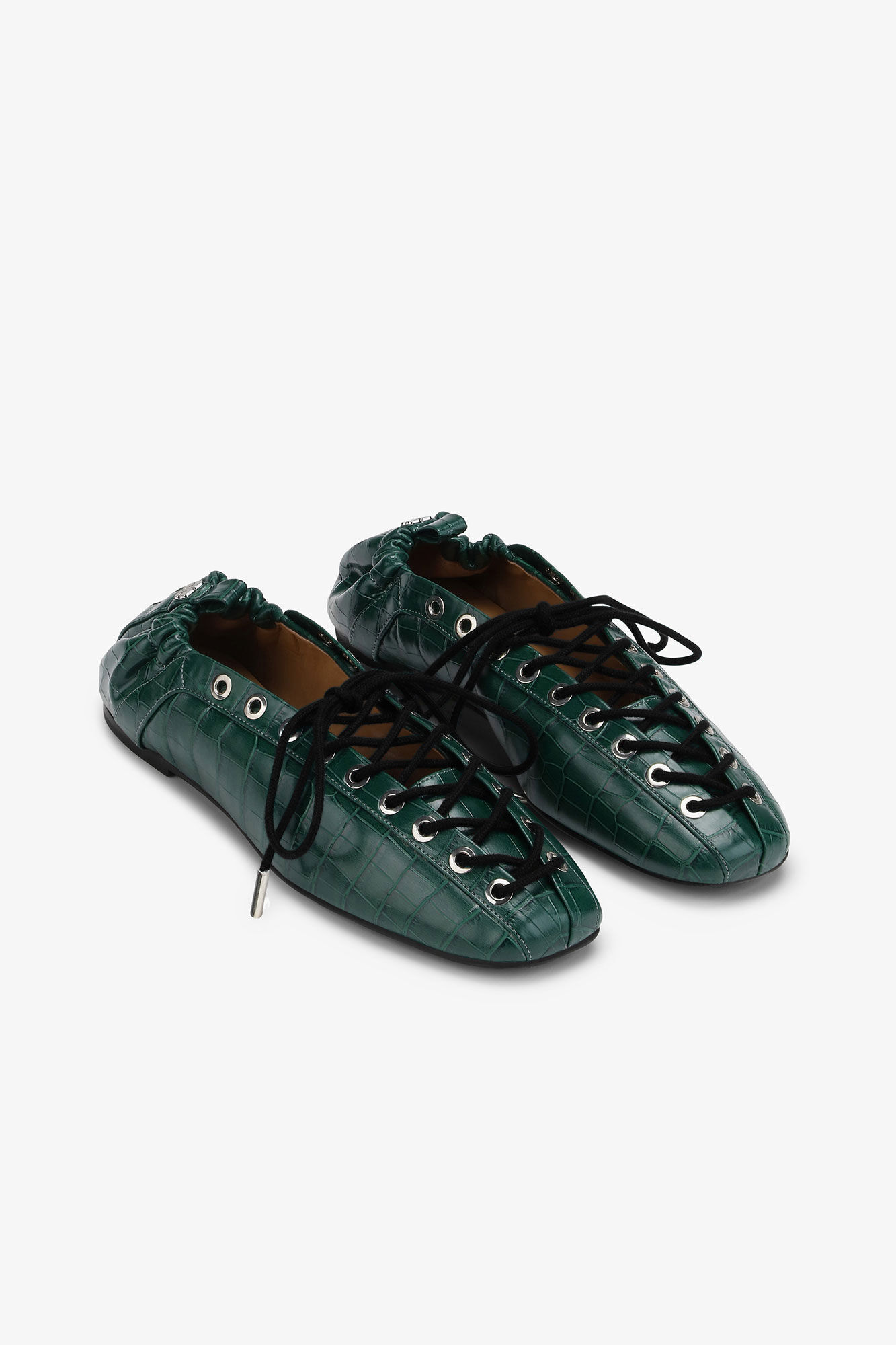 Lace-Up Ballerinas in Green Croco, Recycled Leather, in colour Pineneedle - 2 - GANNI
