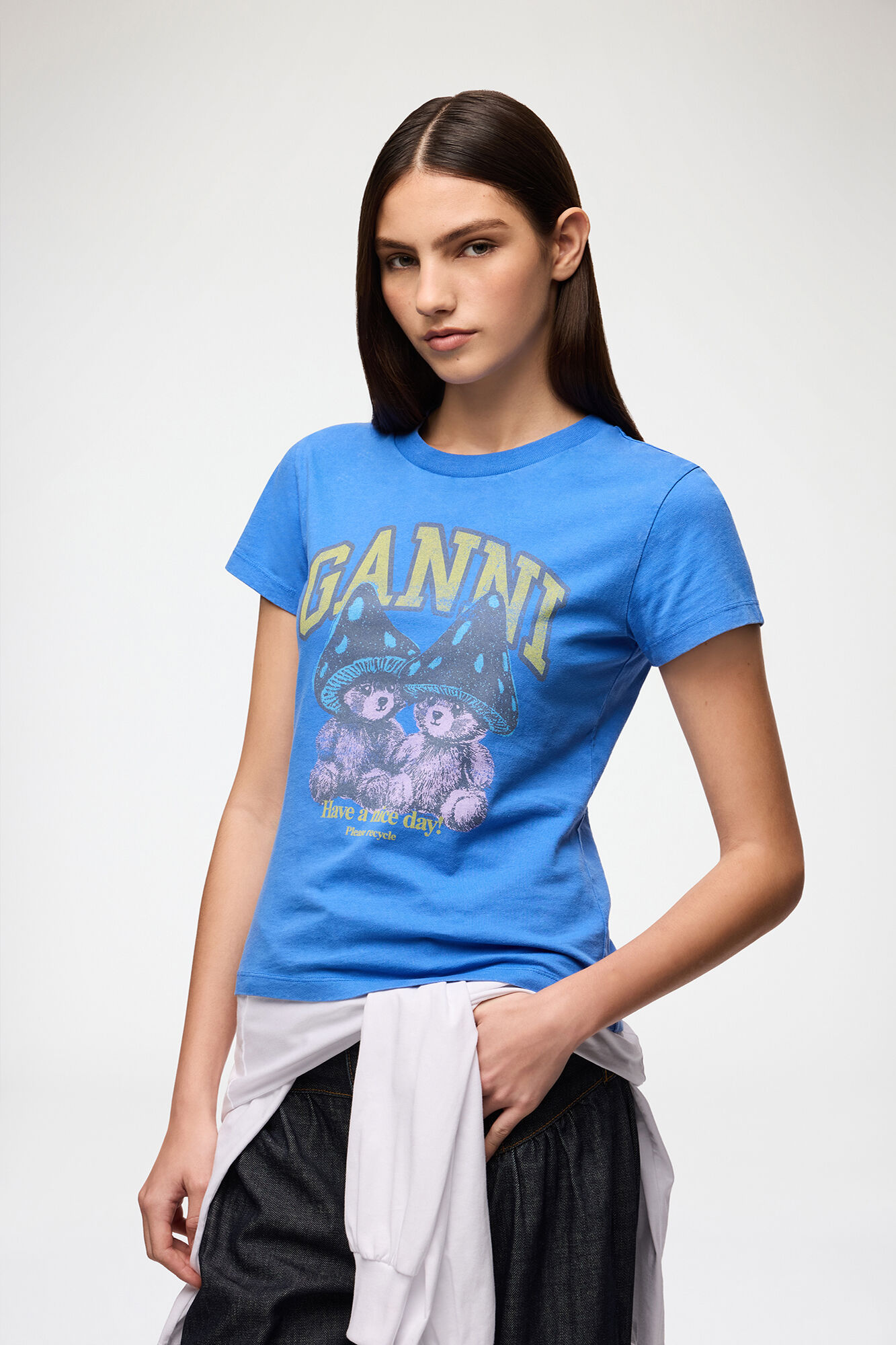 Baby Fit T-shirt with Mushroom Teddy, Recycled Cotton, in colour Strong Blue - 1 - GANNI