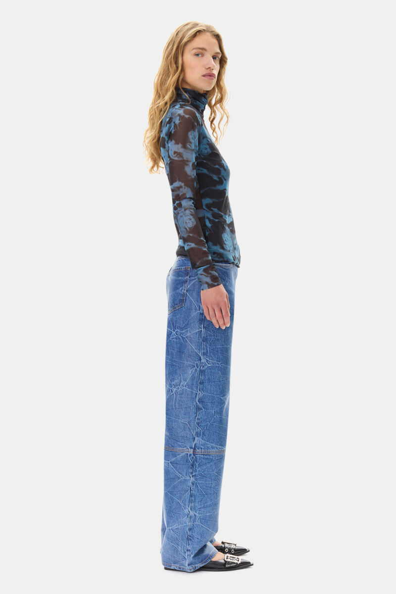 Blue Printed Mesh Long Sleeve Rollneck, Elastane, in colour Blue Shadow - 3 - GANNI