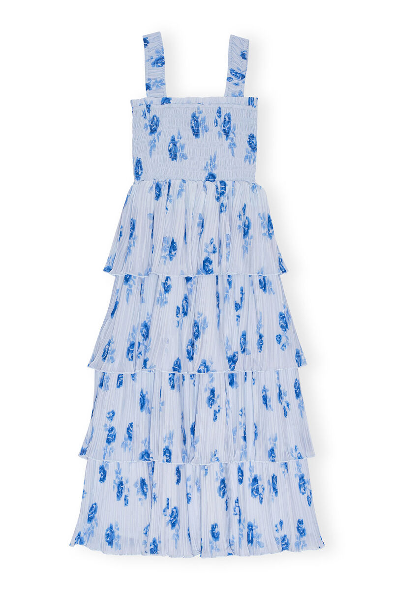 Blue Pleated Georgette Flounce Smock Dress, Recycled Polyester, in colour Heather - 2 - GANNI