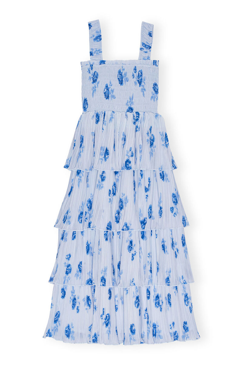 Heather Blue Pleated Flounce Smock Dress GANNI UK