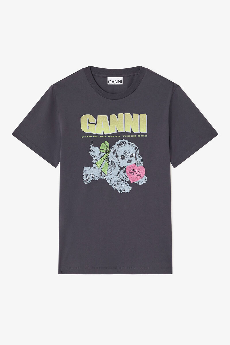 Black Puppy T-shirt, Cotton, in colour Phantom - 1 - GANNI
