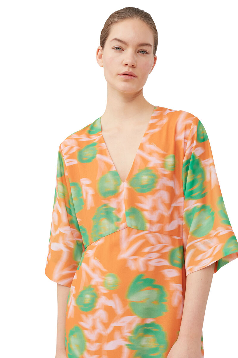 Printed Crepe V-neck Dress, Recycled Polyester, in colour Vibrant Orange - 4 - GANNI