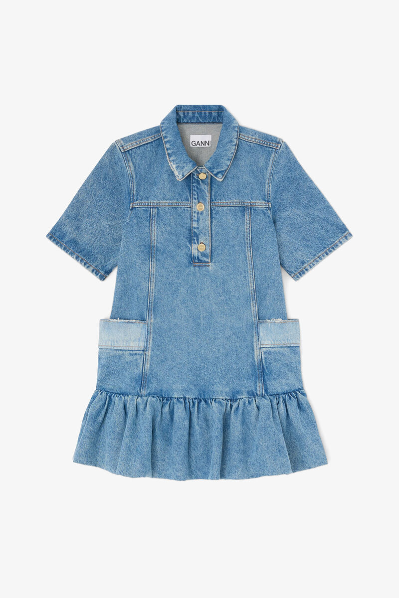 Dress in Patchwork Denim, Organic Cotton, in colour Mid Blue Vintage - 1 - GANNI