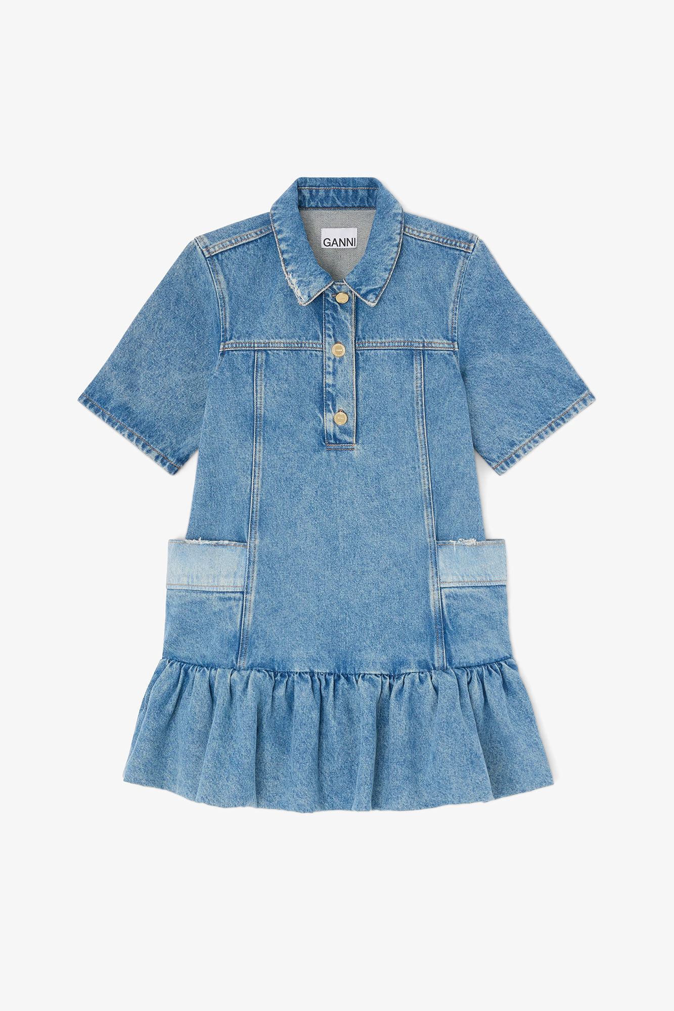 Dress in Patchwork Denim, Organic Cotton, in colour Mid Blue Vintage - 1 - GANNI