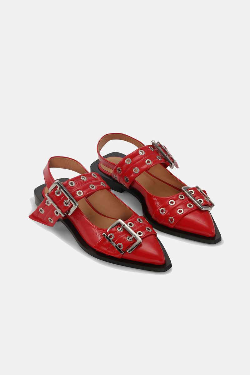 Feminine Buckle Ballerinas in Red, Recycled Cotton, in colour Racing Red - 2 - GANNI