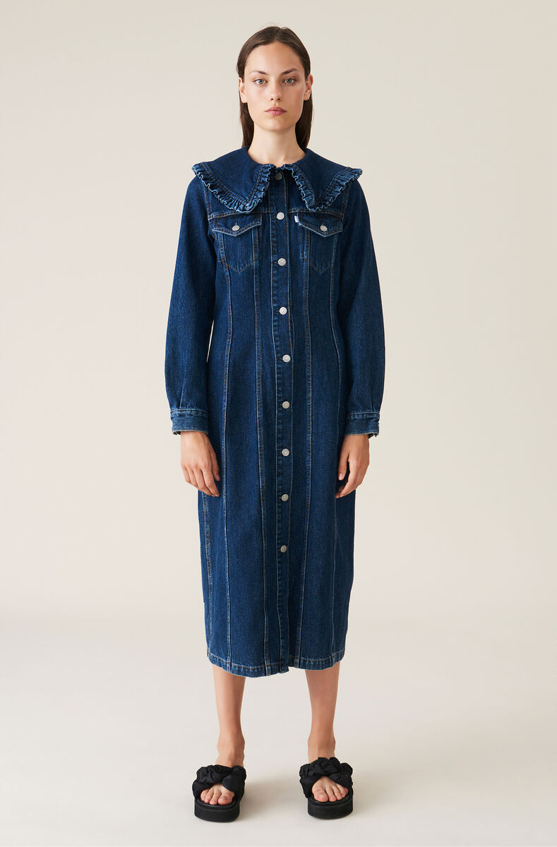 Levi’s® x GANNI Tailored Denim Midi Kjole, Cotton, in colour Dark Indigo - 1 - GANNI