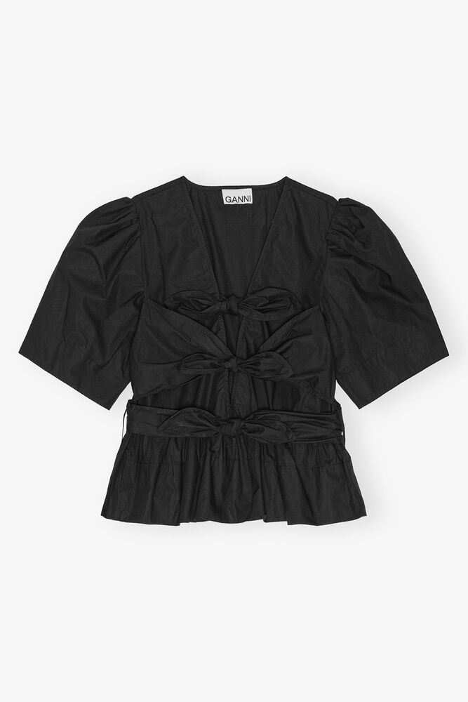 Black Stretch Cotton Tie Strap Blouse, Black